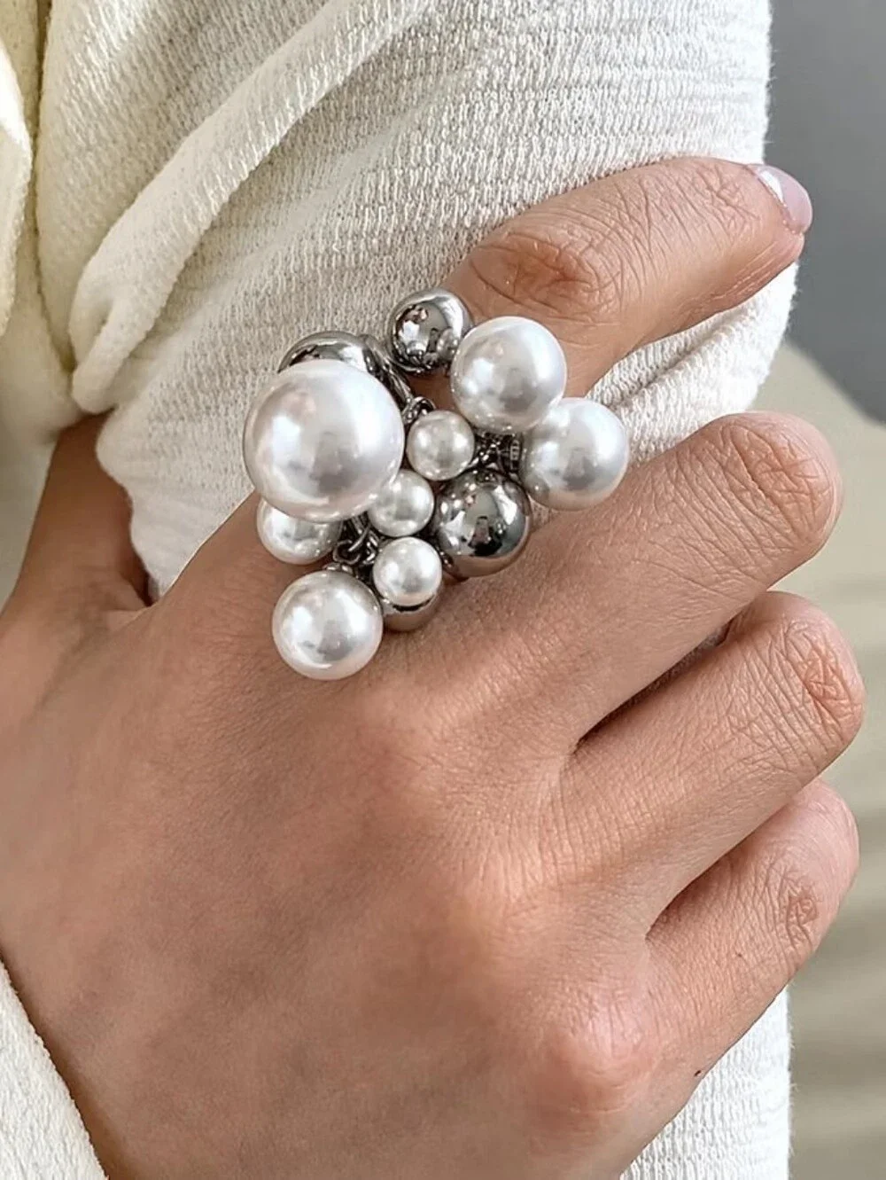 Pearl Cluster Statement Ring Adjustable Silver Tone Bubble Bead